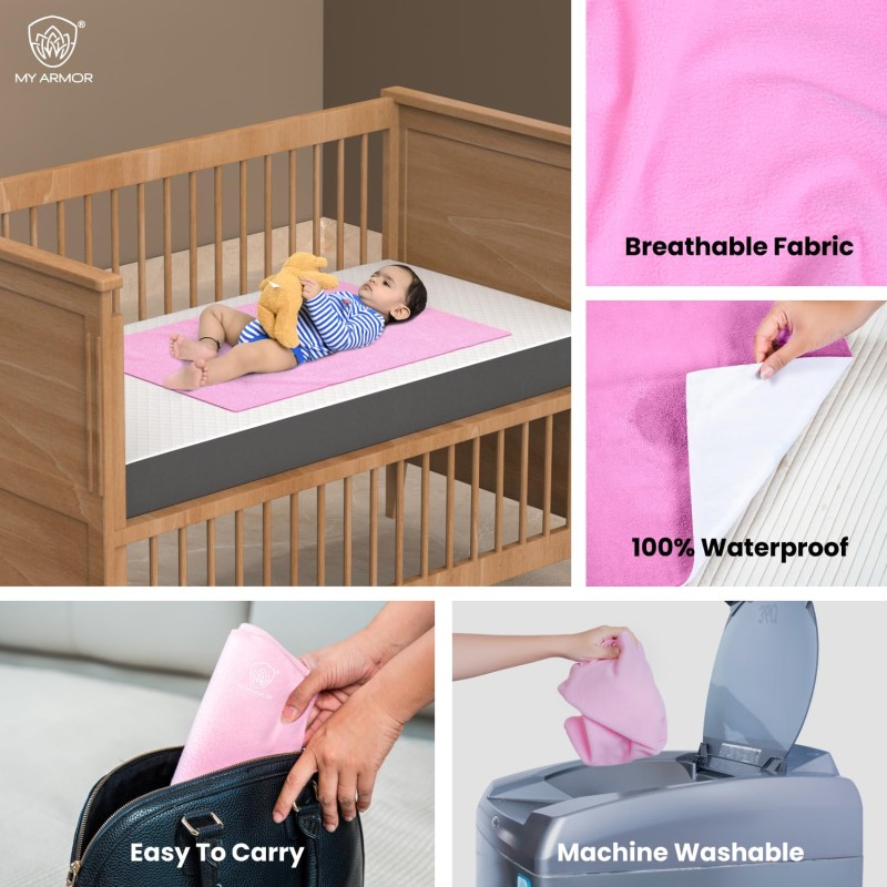 MY ARMOR Baby Dry Sheet for New Born Baby, Anti-Piling Waterproof Mattress Protector for Bed (Quick Drying/Extra Absorbent Dry Sheet for Bed) - Pack of 2 (Small 50cm x 70cm), Pink & Sky Blue