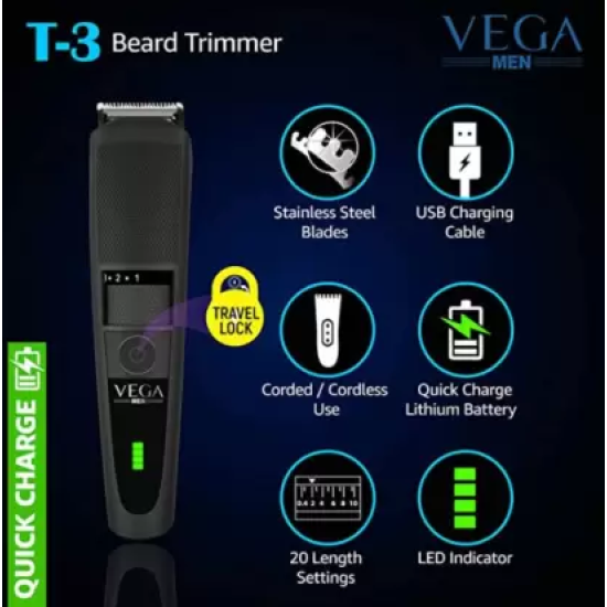 VEGA VHTH-19 ( T-3 BEARD TRIMMER ) Trimmer 90 min Runtime 20 Length Settings  (Black)