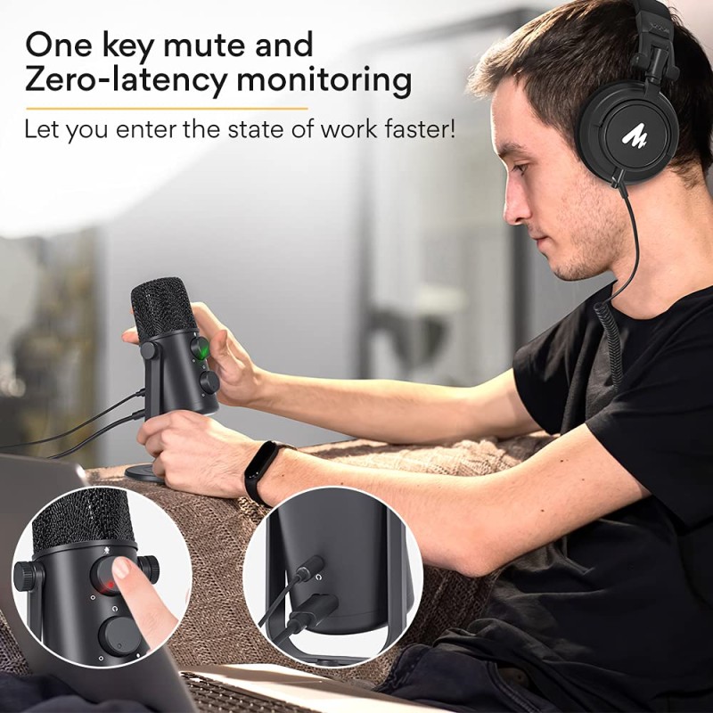 MAONO AU-902 USB Condenser Podcast Microphone, with Dual Volume Control, Mute Button, Monitor Headphone Jack, Plug and Play Mic for Vlogging, Gaming, Studio Recording, YouTube
