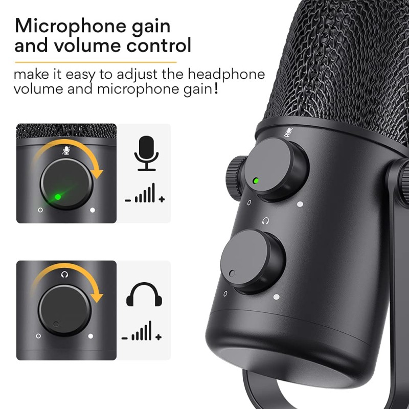 MAONO AU-902 USB Condenser Podcast Microphone, with Dual Volume Control, Mute Button, Monitor Headphone Jack, Plug and Play Mic for Vlogging, Gaming, Studio Recording, YouTube