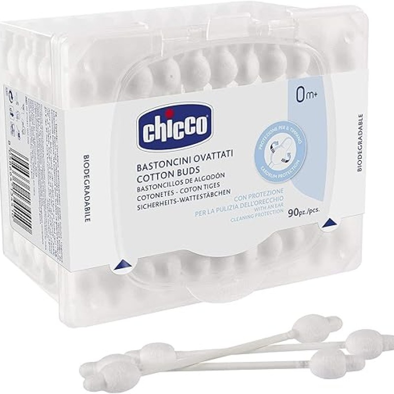 Chicco Cotton Buds with Ear Drum Protection, Made of Paper Stem, Safe and Hygienic for Babies, Biodegredable (90 Pieces) Chicco Cotton Buds with Ear Drum Protection, Made of Paper Stem, Safe and Hygienic for Babies, Biodegredable (90 Pieces)