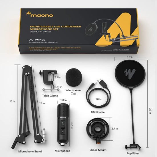 MAONO Au-Pm422 Podcast USB Microphone With Zero Latency Monitoring,192Khz/24Bit Professional Cardioid Condenser Mic With Touch Mute Button And Mic Gain Knob For Recording,Podcasting,Gaming,Youtube