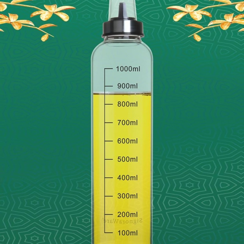 SIGNORA WARE Even Flow 1000ml Borosilicate Glass Oil Dispenser and Pourer with Measurement, Transparent and pointer Oil Nozzle with Covering Lid, Leakproof Spill Proof, Easy Refill (1 litre, Set 1) SIGNORA WARE Even Flow 1000ml Borosilicate Glass Oil Dispenser and Pourer with Measurement, Transparent and pointer Oil Nozzle with Covering Lid, Leakproof Spill Proof, Easy Refill (1 litre, Set 1)