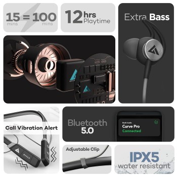 Boult Audio Probass Curvepro Ipx5 Sweatproof Bluetooth Wireless in Ear Earphones with Mic with Fast Charging, Vibration Alert for Calls, 12 Hour Battery Life (Grey) Boult Audio Probass Curvepro Ipx5 Sweatproof Bluetooth Wireless in Ear Earphones with Mic with Fast Charging, Vibration Alert for Calls, 12 Hour Battery Life (Grey)