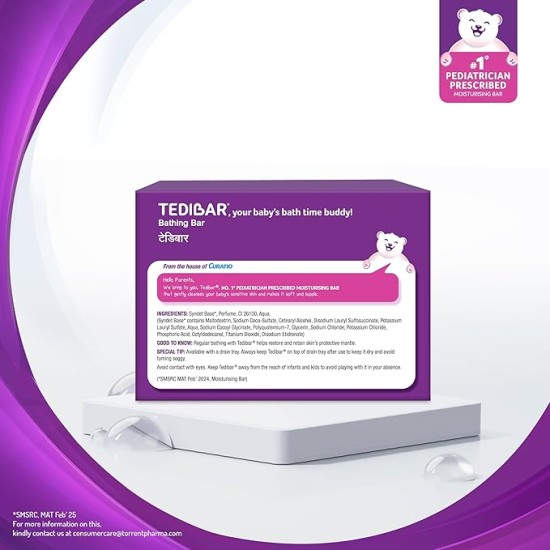 Tedibar Moisturising Baby Bathing Bar 75gx3 (Pack of 1) 100% Soap Free No. 1* Pediatrician Prescribed Moisturising Bar - By Torrent Pharma