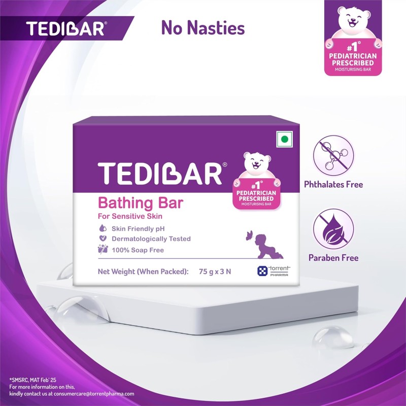 Tedibar Moisturising Baby Bathing Bar 75gx3 (Pack of 1) 100% Soap Free No. 1* Pediatrician Prescribed Moisturising Bar - By Torrent Pharma Tedibar Moisturising Baby Bathing Bar 75gx3 (Pack of 1) 100% Soap Free No. 1* Pediatrician Prescribed Moisturising Bar - By Torrent Pharma