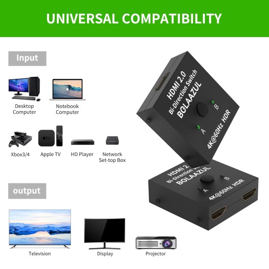 HDMI Switch Splitter 4K@60Hz, BolAAzuL Bi-Directional HDMI 2.0 Splitter Switcher 1 in 2 Out/2 in 1 Out HDMI Switch 2 Port Display Selector (2 x 1/1 x 2) 4K 3D HD 1080P for PS4,PC,Apple TV etc