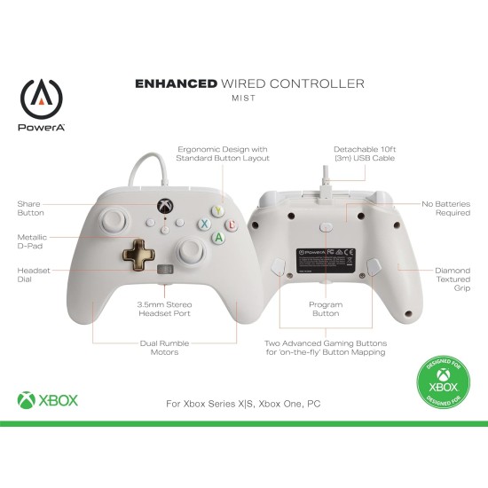 PowerA Enhanced Wired Gaming Controller for Xbox Series X/S and Xbox One, White, Mist (Officially Licensed)