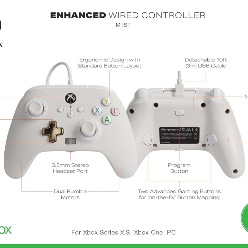 PowerA Enhanced Wired Gaming Controller for Xbox Series X/S and Xbox One, White, Mist (Officially Licensed)