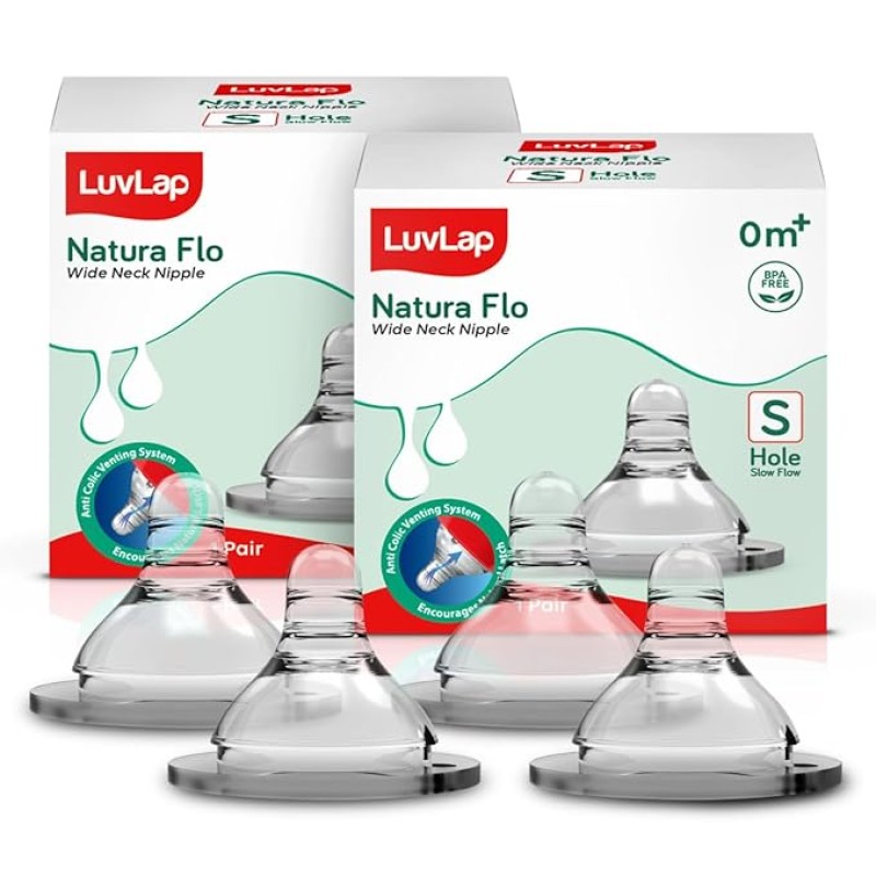 LuvLap Anti-Colic Natura Flo Teat/Nipple for Wide Neck Bottle,4pcs Slow Flow, 0m+, Made of Soft & Flexible Silicone, Ergonomic shape, Mimics breastfeeding, leak proof, BPA Free, comes with sturdy base LuvLap Anti-Colic Natura Flo Teat/Nipple for Wide Neck Bottle,4pcs Slow Flow, 0m+, Made of Soft & Flexible Silicone, Ergonomic shape, Mimics breastfeeding, leak proof, BPA Free, comes with sturdy base