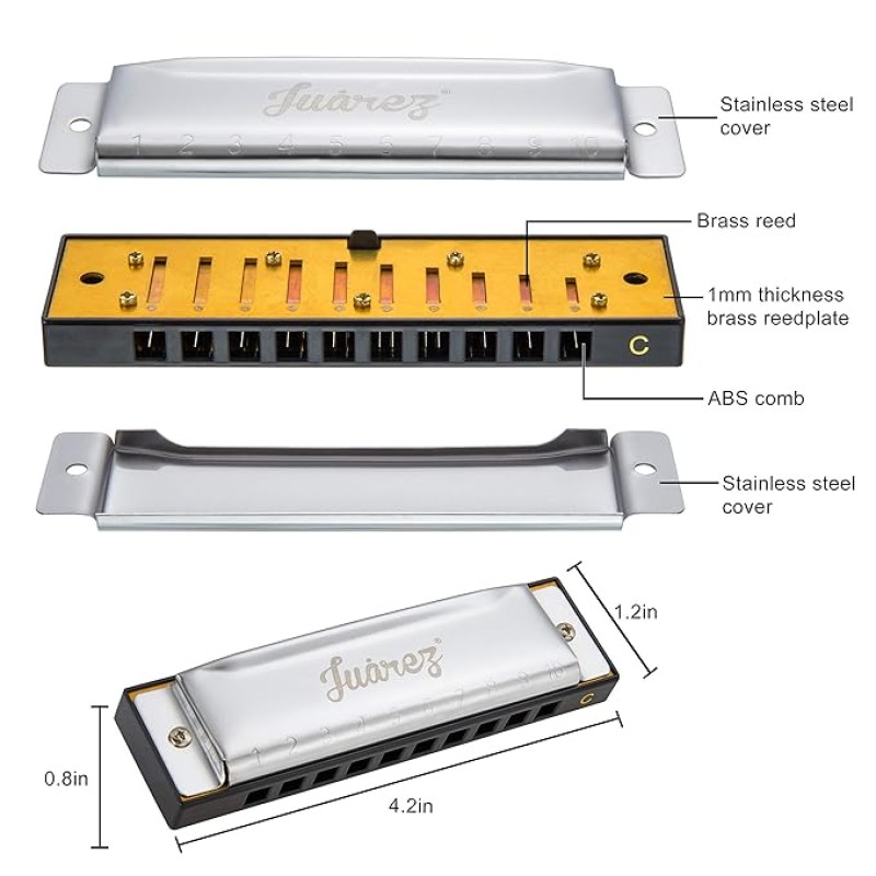 JUAREZ Az�re 10 Hole 20 Tone Diatonic Harmonica Key of C Scale | Mouth Organ | Cover - Stainless Steel | Comb - ABS | Reed - Phosphor Bronze with Cloth & Case JUAREZ Az�re 10 Hole 20 Tone Diatonic Harmonica Key of C Scale | Mouth Organ | Cover - Stainless Steel | Comb - ABS | Reed - Phosphor Bronze with Cloth & Case