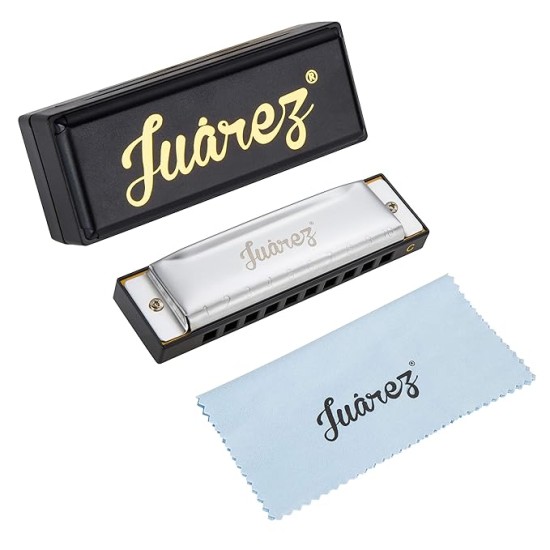 JUAREZ Azüre 10 Hole 20 Tone Diatonic Harmonica Key of C Scale | Mouth Organ | Cover - Stainless Steel | Comb - ABS | Reed - Phosphor Bronze with Cloth & Case
