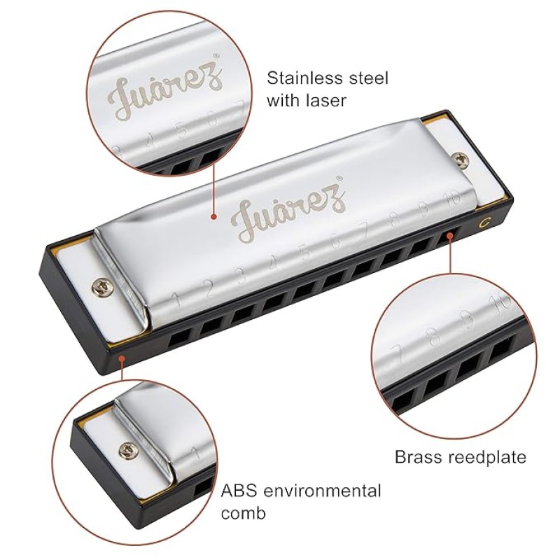 JUAREZ Az�re 10 Hole 20 Tone Diatonic Harmonica Key of C Scale | Mouth Organ | Cover - Stainless Steel | Comb - ABS | Reed - Phosphor Bronze with Cloth & Case JUAREZ Az�re 10 Hole 20 Tone Diatonic Harmonica Key of C Scale | Mouth Organ | Cover - Stainless Steel | Comb - ABS | Reed - Phosphor Bronze with Cloth & Case