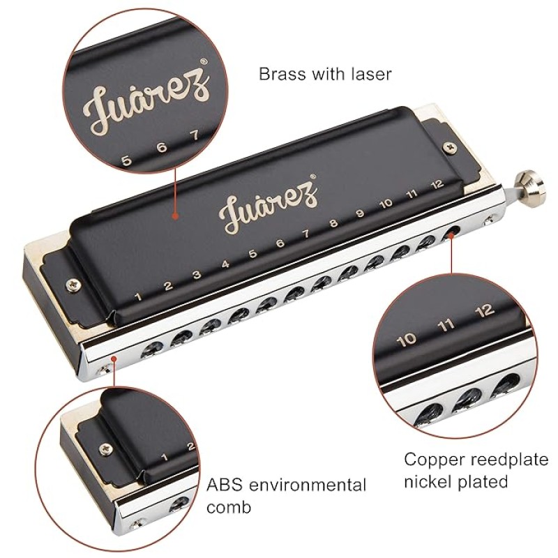 JUAREZ BlackBird JRH1248K Professional Chromatic Harmonica Key of C Scale | 12 Holes 48 Tones | Mouth Organ | Cover - Chrome-Plated Copper Board | Comb - ABS | Reed - Phosphor Bronze with Cloth