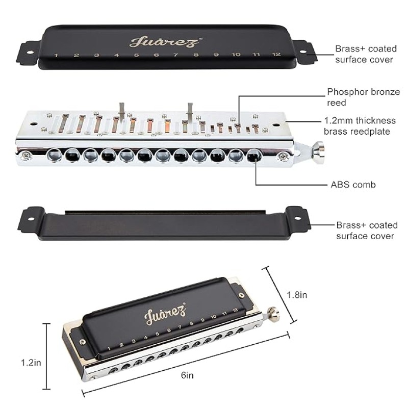 JUAREZ BlackBird JRH1248K Professional Chromatic Harmonica Key of C Scale | 12 Holes 48 Tones | Mouth Organ | Cover - Chrome-Plated Copper Board | Comb - ABS | Reed - Phosphor Bronze with Cloth