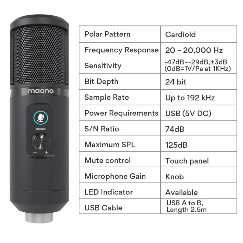 MAONO AU-PM421 Large Diaphragm Condenser USB Unidirectional Microphone, Professional Studio Recording Mic with 1-Touch Mute and Mic Gain Knob for Pc, Singing, Podcast, Gaming, YouTube (Black)