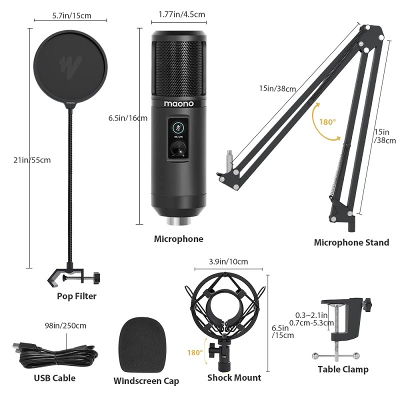 MAONO AU-PM421 Large Diaphragm Condenser USB Unidirectional Microphone, Professional Studio Recording Mic with 1-Touch Mute and Mic Gain Knob for Pc, Singing, Podcast, Gaming, YouTube (Black)
