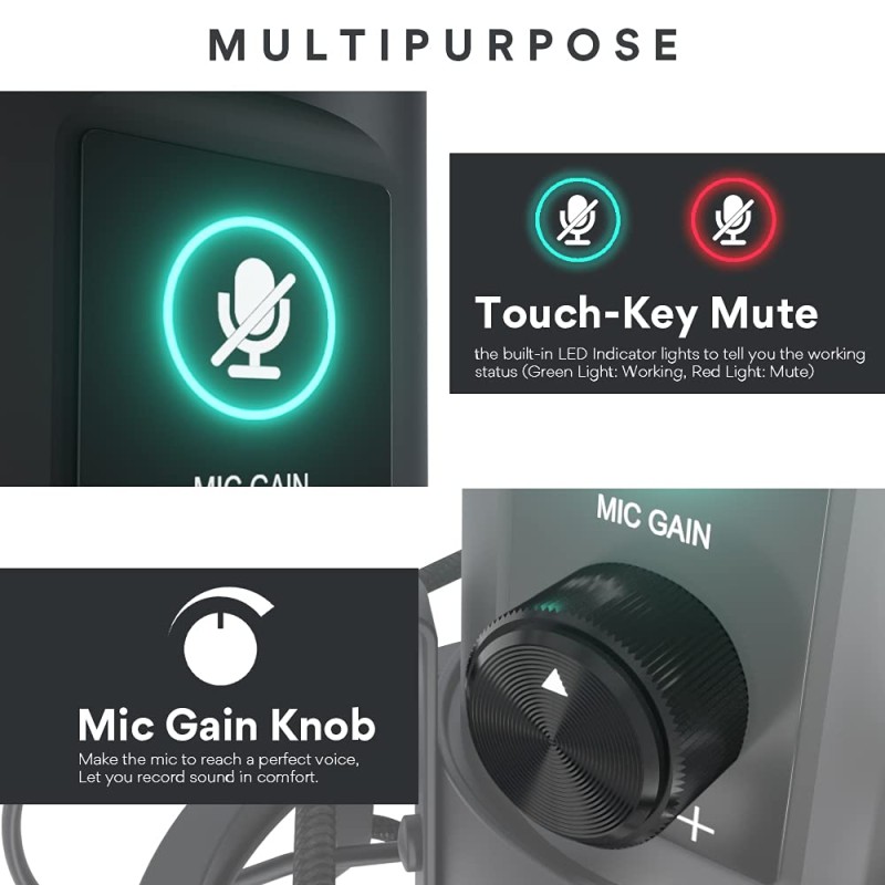 MAONO AU-PM421 Large Diaphragm Condenser USB Unidirectional Microphone, Professional Studio Recording Mic with 1-Touch Mute and Mic Gain Knob for Pc, Singing, Podcast, Gaming, YouTube (Black)