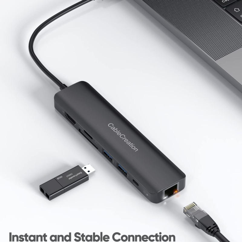 CableCreation USB-C 7-in-1 Multiport Adapter Type C Dongle to HDMI 4K@60Hz, 2 USB 3.0 Ports, Gigabit Ethernet, SD/TF Cards Reader Converter for Galaxy S22 Ultra, MacBook Pro/Air 2020, iPad Pro, XPS CableCreation USB-C 7-in-1 Multiport Adapter Type C Dongle to HDMI 4K@60Hz, 2 USB 3.0 Ports, Gigabit Ethernet, SD/TF Cards Reader Converter for Galaxy S22 Ultra, MacBook Pro/Air 2020, iPad Pro, XPS