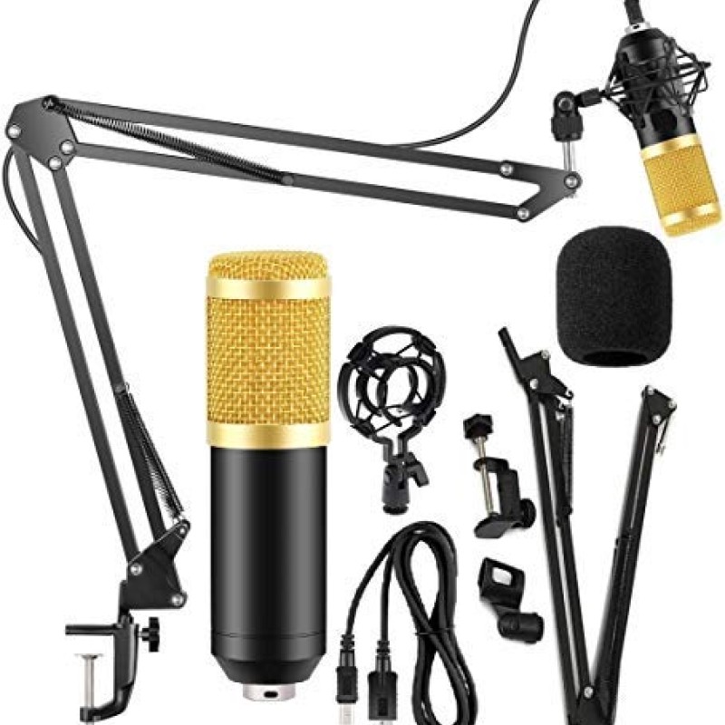 Powerpak BM-800 USB Condenser Microphone Kit for Gaming, Podcast, LiveStreaming, YouTube Recording Plug & Play with Scissor Stand Pop Filter USB Cable Foam Cap and Shock Mount (Black)