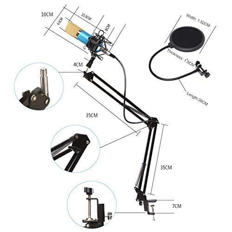 Powerpak BM-800 USB Condenser Microphone Kit for Gaming, Podcast, LiveStreaming, YouTube Recording Plug & Play with Scissor Stand Pop Filter USB Cable Foam Cap and Shock Mount (Black)