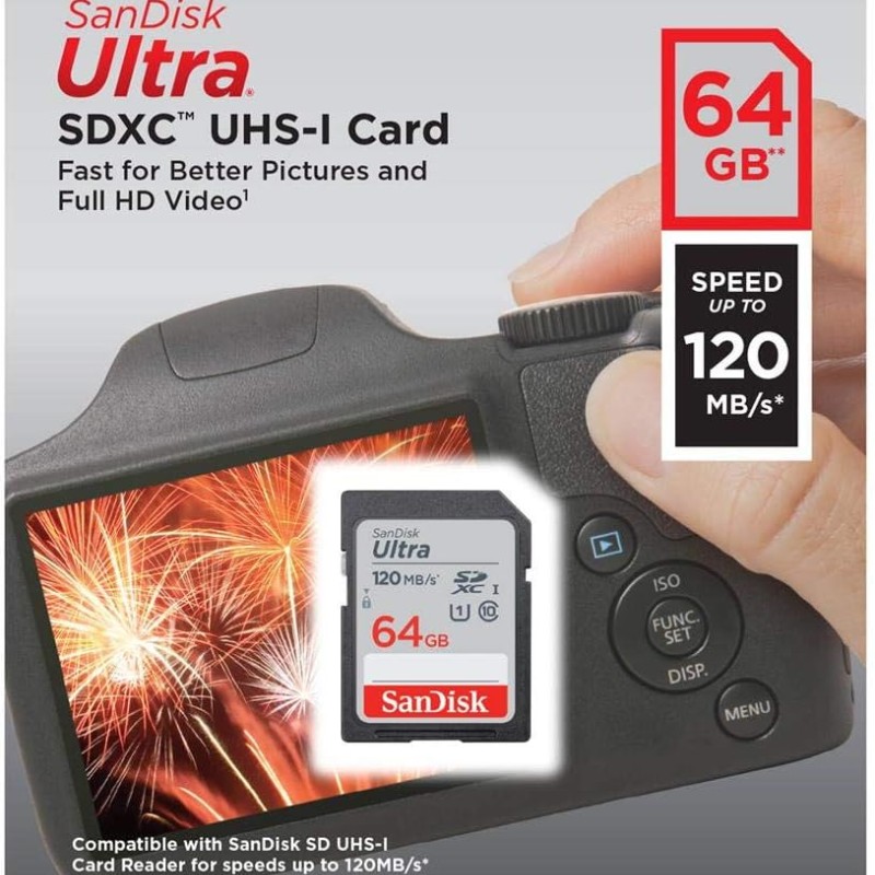 SanDisk 64GB Ultra SDXC UHS-I Memory Card - 120MB/s, C10, U1, Full HD, SD Card - SDSDUN4-064G-GN6IN SanDisk 64GB Ultra SDXC UHS-I Memory Card - 120MB/s, C10, U1, Full HD, SD Card - SDSDUN4-064G-GN6IN