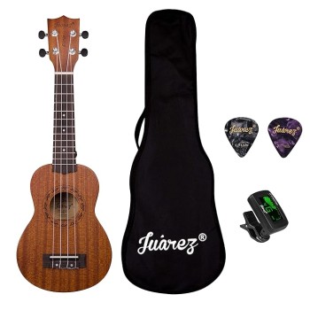 JUAREZ Etéreo 21" Soprano Ukulele, Sapele Top & Body, Aquila Italian Strings, Black Diecast Machine, Rosewood Fretboard & Bridge with Gig Bag, 2 Picks, Digital Tuner, Natural