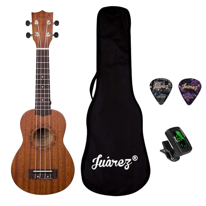 JUAREZ Etéreo 21" Soprano Ukulele, Sapele Top & Body, Aquila Italian Strings, Black Diecast Machine, Rosewood Fretboard & Bridge with Gig Bag, 2 Picks, Digital Tuner, Natural