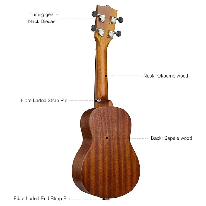 JUAREZ Etéreo 21" Soprano Ukulele, Sapele Top & Body, Aquila Italian Strings, Black Diecast Machine, Rosewood Fretboard & Bridge with Gig Bag, 2 Picks, Digital Tuner, Natural