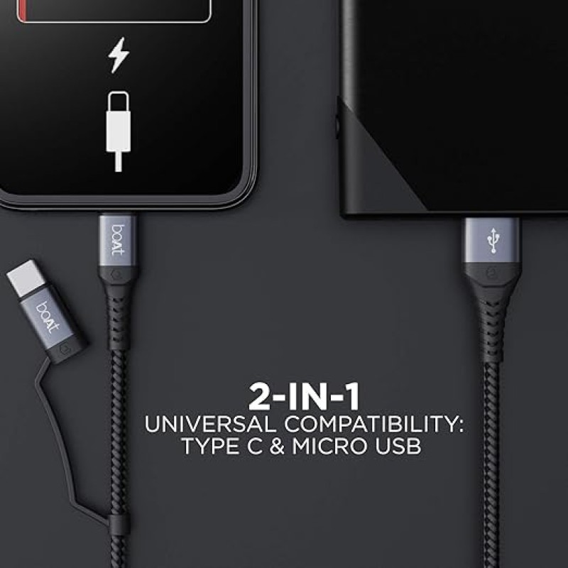 Boat - Lucky Cell Point Boat Deuce USB 300 2 in 1 Type-C & Micro USB Stress Resistant, Sturdy Cable with 3A Fast Charging & 480mbps Data Transmission, 10000+ Bends