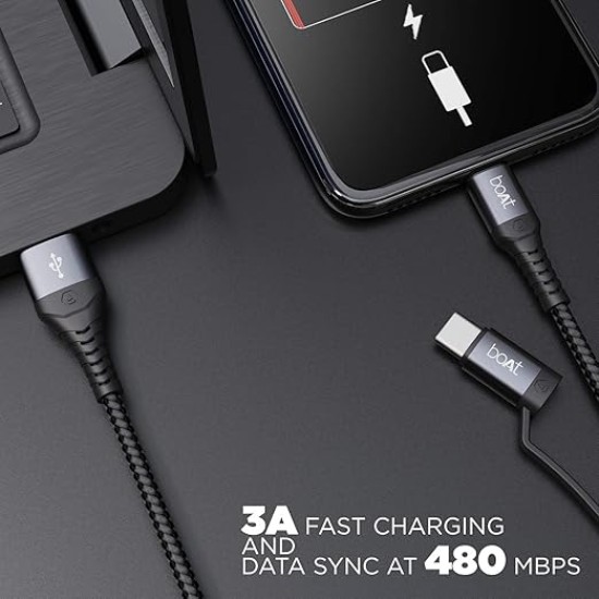 Boat - Lucky Cell Point Boat Deuce USB 300 2 in 1 Type-C & Micro USB Stress Resistant, Sturdy Cable with 3A Fast Charging & 480mbps Data Transmission, 10000+ Bends