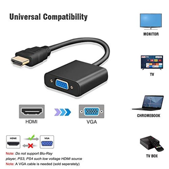 Live Tech Gold-Plated HDMI to VGA Adapter with Audio Cable (Male to Female) for Computer, Desktop, Laptop, PC, Monitor, Proj, HDTV, Raspberry Pi, Media P, Xbox - Black [NOT for VGA to HDMI]