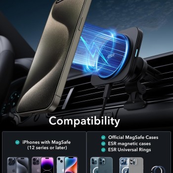 ESR HaloLock 15W Magsafe Car Charger, Wireless Magnetic Car Charger, Magnetic Car Phone Holder Compatible with iPhone 15/15 Plus/15 Pro/15 Pro Max and 14/13/12 Series, Black ESR HaloLock 15W Magsafe Car Charger, Wireless Magnetic Car Charger, Magnetic Car Phone Holder Compatible with iPhone 15/15 Plus/15 Pro/15 Pro Max and 14/13/12 Series, Black