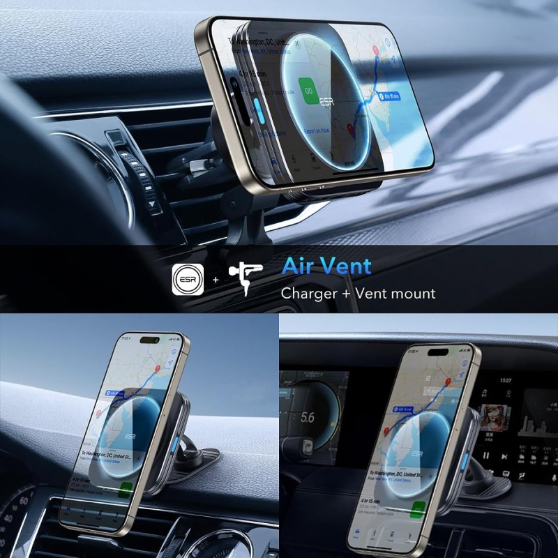 ESR HaloLock 15W Magsafe Car Charger, Wireless Magnetic Car Charger, Magnetic Car Phone Holder Compatible with iPhone 15/15 Plus/15 Pro/15 Pro Max and 14/13/12 Series, Black