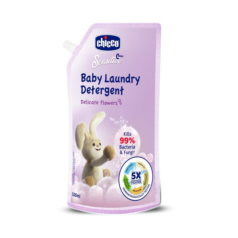 Chicco Baby Liquid Laundry Detergent, 5X Stain & Germ Fighter, Kills 99% of Germs, Dermatologically Tested, Effective & Gentle Cleaning, Delicate Flowers, Refill Pack (500 ML)