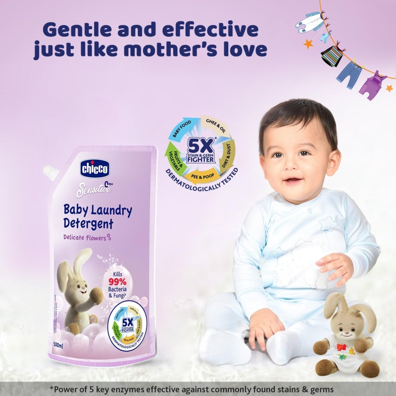 Chicco Baby Liquid Laundry Detergent, 5X Stain & Germ Fighter, Kills 99% of Germs, Dermatologically Tested, Effective & Gentle Cleaning, Delicate Flowers, Refill Pack (500 ML)