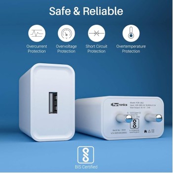 Portronics Adapto 62 POR-1062 USB Wall Adapter with 2.4A Fast Charging Single USB Port Without Cable for All iOS & Android Devices (White)