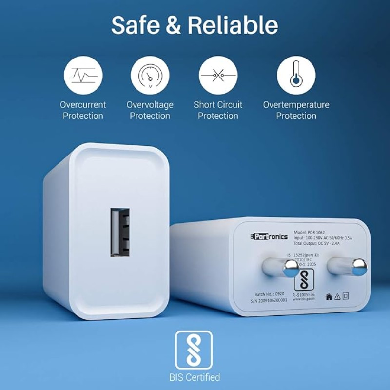 Portronics Adapto 62 POR-1062 USB Wall Adapter with 2.4A Fast Charging Single USB Port Without Cable for All iOS & Android Devices (White) Portronics Adapto 62 POR-1062 USB Wall Adapter with 2.4A Fast Charging Single USB Port Without Cable for All iOS & Android Devices (White)