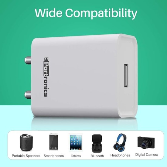 Portronics Adapto 62 POR-1062 USB Wall Adapter with 2.4A Fast Charging Single USB Port Without Cable for All iOS & Android Devices (White)