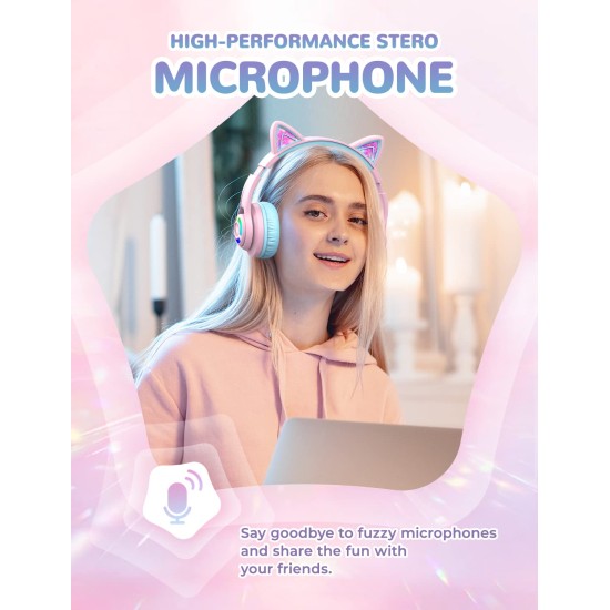 iClever BTH13 Bluetooth Headphones with Mic, Over The Ear Headphone Wireless Cat Ear Unicorn Headphone for Girls Birthday Gift Safe Volume Limited, 45H Playtime, Portable Headset for iPad, Purple