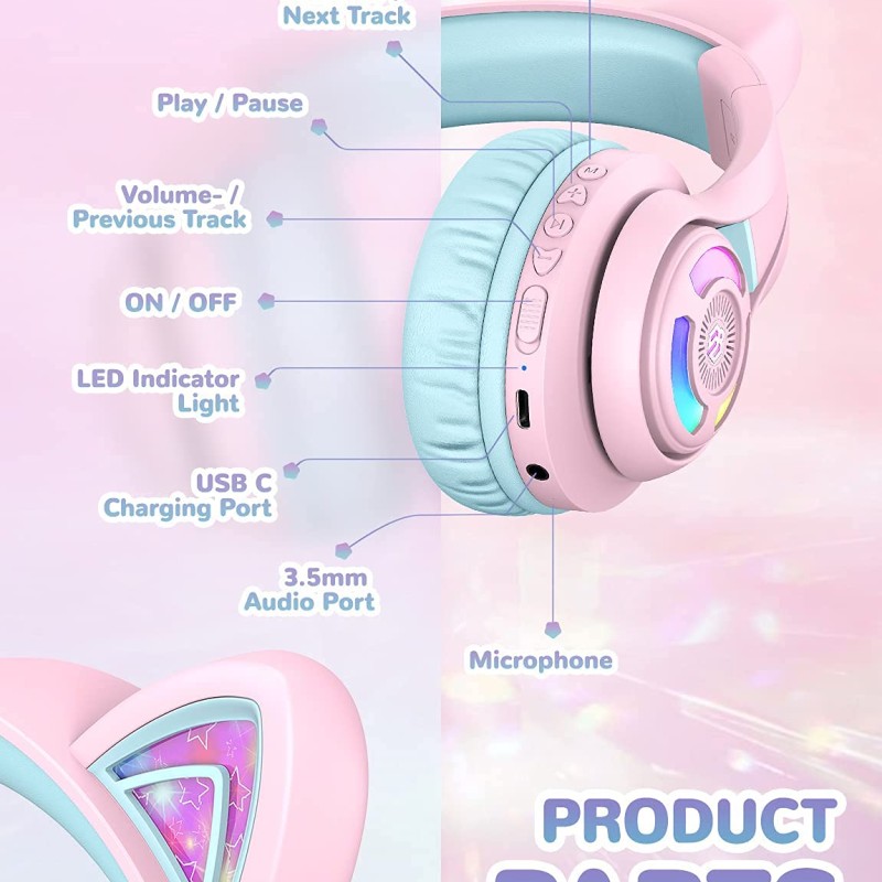 iClever BTH13 Bluetooth Headphones with Mic, Over The Ear Headphone Wireless Cat Ear Unicorn Headphone for Girls Birthday Gift Safe Volume Limited, 45H Playtime, Portable Headset for iPad, Purple