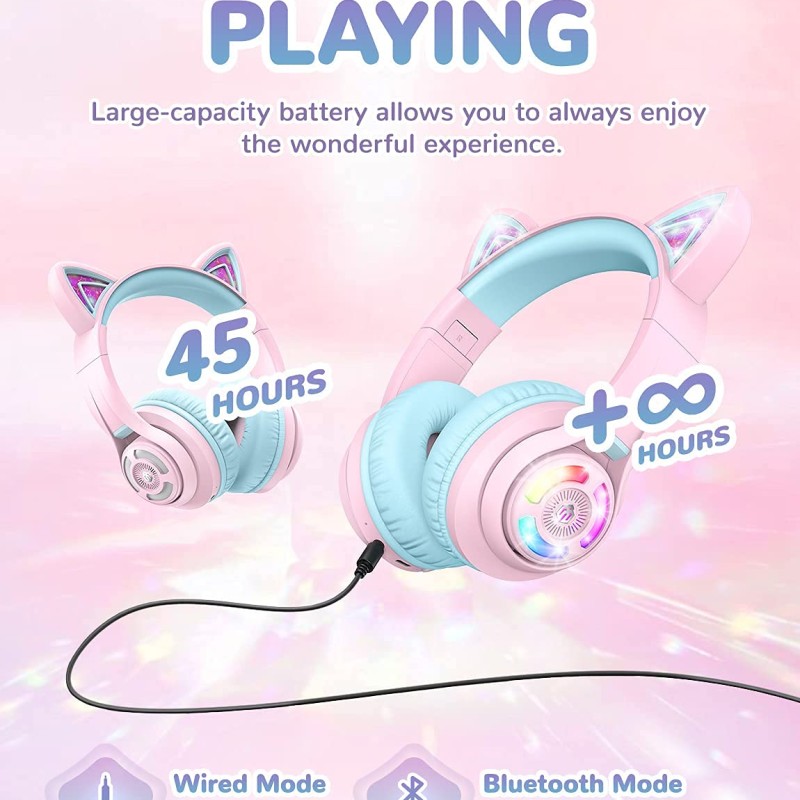 iClever BTH13 Bluetooth Headphones with Mic, Over The Ear Headphone Wireless Cat Ear Unicorn Headphone for Girls Birthday Gift Safe Volume Limited, 45H Playtime, Portable Headset for iPad, Purple