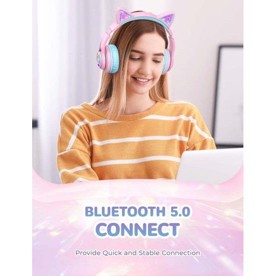 iClever BTH13 Bluetooth Headphones with Mic, Over The Ear Headphone Wireless Cat Ear Unicorn Headphone for Girls Birthday Gift Safe Volume Limited, 45H Playtime, Portable Headset for iPad, Purple