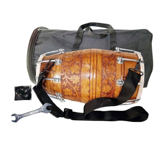 GT manufacturers Wooden Musical Instrument Dholak Drum Nuts & Bolt Carving Design1 With Full tool Kit (Brown)