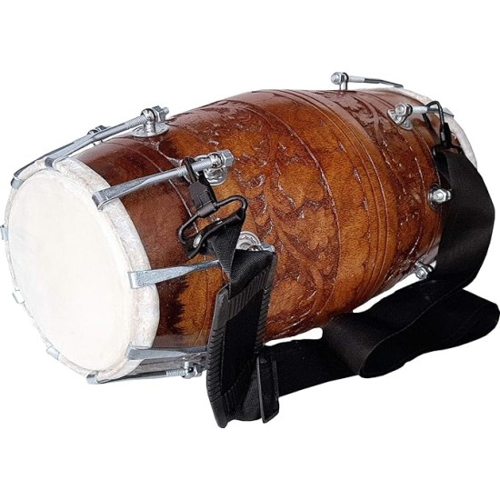 GT manufacturers Wooden Musical Instrument Dholak Drum Nuts & Bolt Carving Design1 With Full tool Kit (Brown)