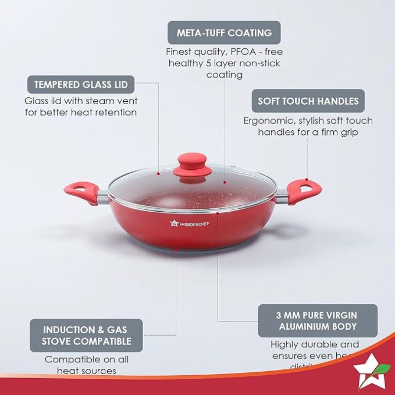 Wonderchef Royal Velvet Wok with Lid 24cm, Red (Aluminium) Wonderchef Royal Velvet Wok with Lid 24cm, Red (Aluminium)