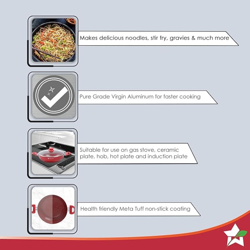 Wonderchef Royal Velvet Wok with Lid 24cm, Red (Aluminium) Wonderchef Royal Velvet Wok with Lid 24cm, Red (Aluminium)