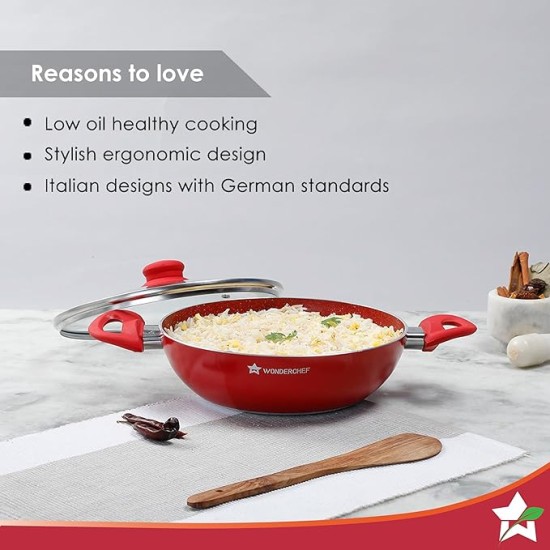 Wonderchef Royal Velvet Wok with Lid 24cm, Red (Aluminium)