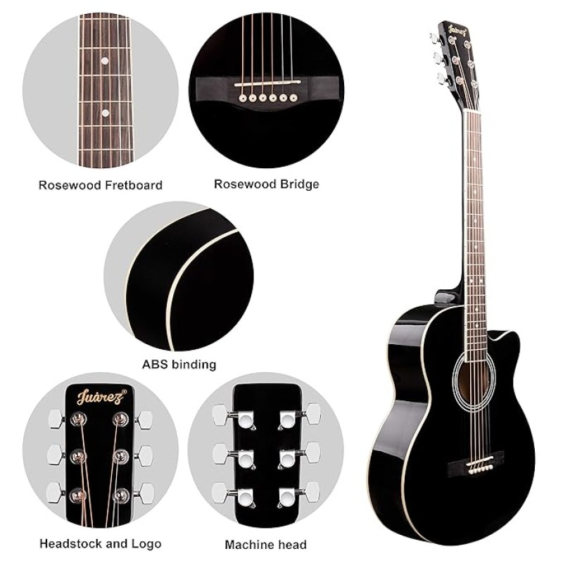 JUAREZ Arpeggio 99.06 cm (39 Inch) Acoustic Guitar Kit, Spruce Top, Rosewood Fretboard & Bridge, Truss Rod, Chrome Die Cast Machine Tuners, Black