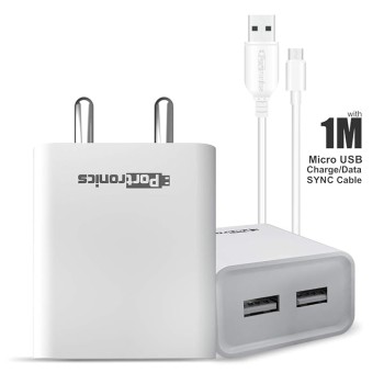 Portronics Adapto 66 2.4A 12w Dual USB Port 5V/2.4A Wall Charger,Comes with 1M Micro USB Cable, USB Wall Charger Adapter for iPhone 11/Xs/XS Max/XR/X/8/7/6/Plus(White)